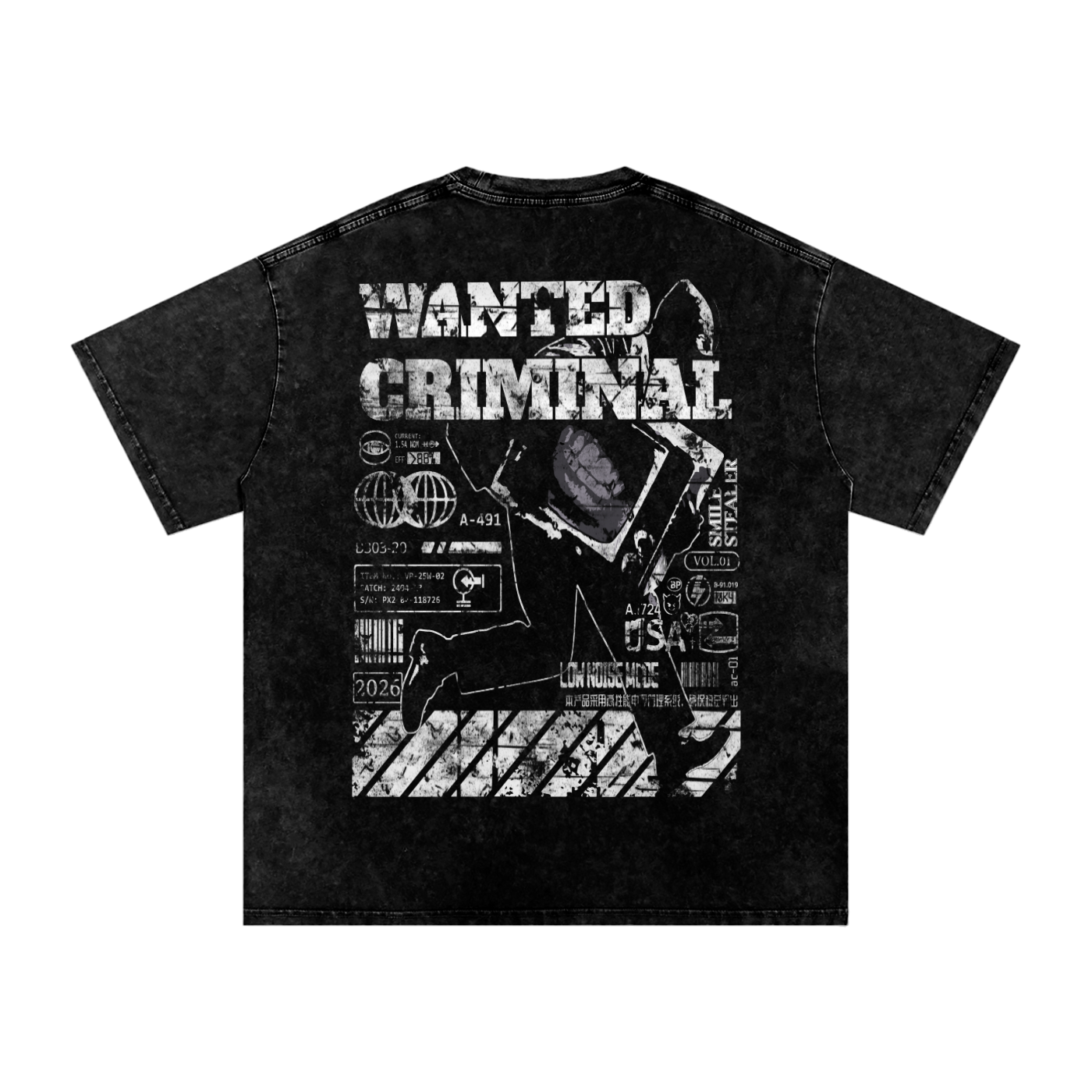 Dope and Comfy Wanted Criminal Snow Washed Oversized T-Shirt
